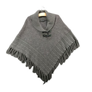 Maria Luna Women's Poncho Knit Sweater Gray Medium Fringe Toggle Closure Wool